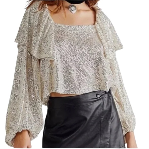 Free People Tops - Free People Silver Sequin Long Sleeve Top